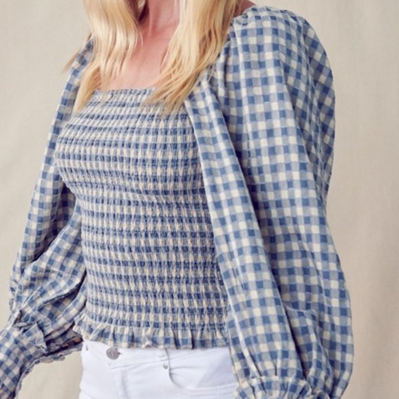 &merci Gingham Square Neck Smocked Balloon Sleeve Top - Picture 4 of 5